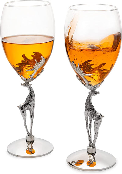 Stag Antler Set of 2 Wine Glasses 9"H by The Wine Savant, Elegant Wine Glasses Set for any Home Bar - Luxury Glass Stag Deer Figurine Wine Glasses, Stag Lover Gifts, Nature Lover Gifts (Wine)