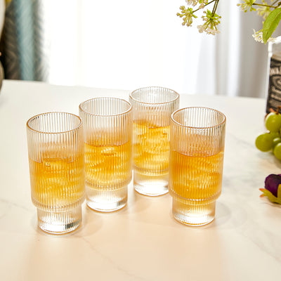 Vintage Art Deco Crystal Highball Ribbed Glass Set of 4 - Ripple, Collins Glassware 14oz Classic Crystal Cocktail Glasses Perfect for Water, Champagne, Beer, Juice, Tom Cocktails - Barware Tumblers