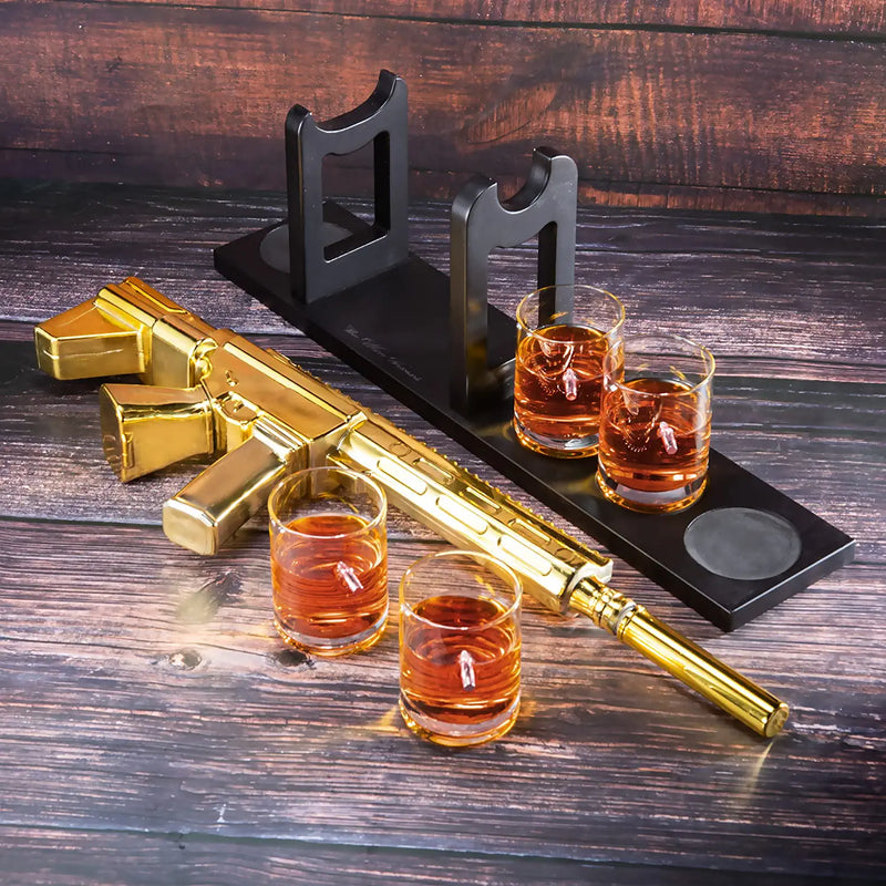 AR15 Gold Whiskey Decanter Set with 4 Bullet Whiskey Glasses - The Wine Savant, Gift for Fathers, Uncles, Sons - Veteran Gifts, Military Gift, Home Bar Gift, Father&