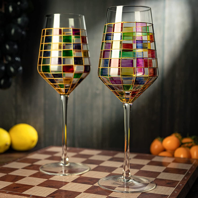 Renaissance Stained Glass Rainbow Stemmed Wine Glasses - Set of 2