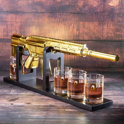 AR15 Gold Whiskey Decanter Set with 4 Bullet Whiskey Glasses - The Wine Savant, Gift for Fathers, Uncles, Sons - Veteran Gifts, Military Gift, Home Bar Gift, Father's Day