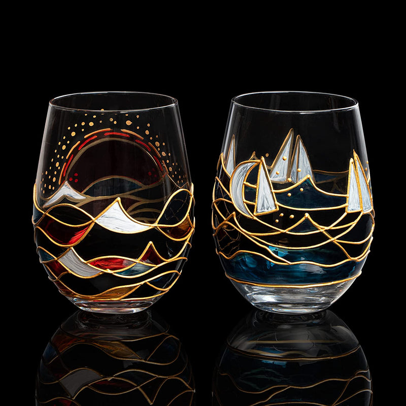 Artisanal Hand Painted Sunrise Glasses, Stemless Set of 2 Wine, Water & Whiskey Glasses - The Wine Savant - Crystal Tumblers - Gift Idea for Her, Him, Birthday, Housewarming - Large Goblets (18.5 OZ)