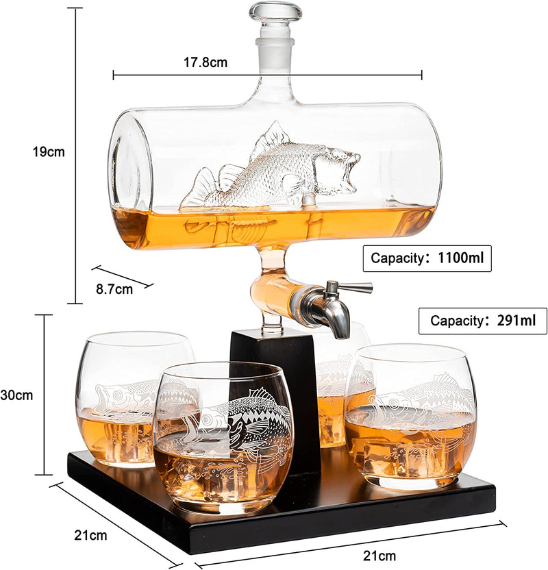 Bass Fish Wine & Whiskey Decanter Set 1100ml by The Wine Savant with 4 Bass Whiskey Glasses, Fishing Gifts, Fisherman Gifts, Boating Gifts, Drink Dispenser Scotch, Bourbon,Gifts for Dad