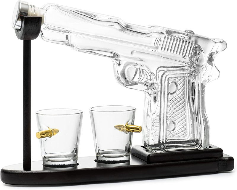 Gifts for Men Dad Whiskey Decanter Set 9 Oz with Two 2 Oz Glasses, Pistol Gun Unique Birthday Gift Ideas Daughter Son, Home Bar Gifts, Drinking Accessories Funny Military Present Cool Dispenser
