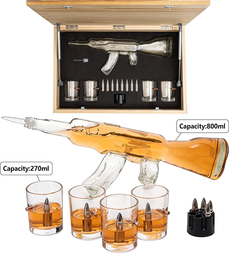 Gun Whiskey Decanter Set by The Wine Savant - SKF1801 Whiskey Gun Decanter 8 Bullet Whiskey Chillers - Military Gifts, Veteran Gifts, Law Enforcement Gifts, Home Bar Gifts, Drinking Accessories