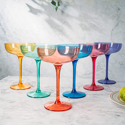 European Style Margarita & Martini Crystal Acrylic Glasses Tritan Drinkware Unbreakable Colored 6 Set - Shatterproof BPA-free Plastic , Reusable, Large 15oz , Indoor & Outdoor, Multiuse Or Disposable