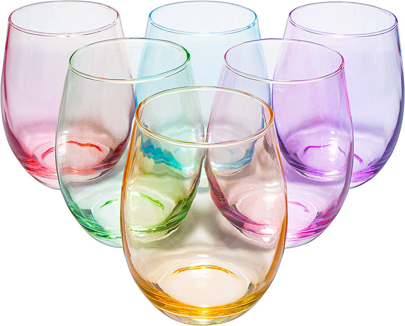 Colored Wine Glass Set, Large 12 oz Glasses Set of 6, Unique Italian Style Tall Stemless for White& Red Wine, Water, Margarita Glasses, Color Tumbler, Beautiful Glassware (Stemless)