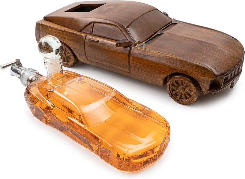 Mustang Car Wine & Whiskey Decanter Set 500ml by The Wine Savant 13" L - Ford Mustang Gifts, Ford Gifts, Wooden Car Figurine, Fastback Maisto Mustang Shelby Car Gifts, Bar Gifts, Parties, Birthdays