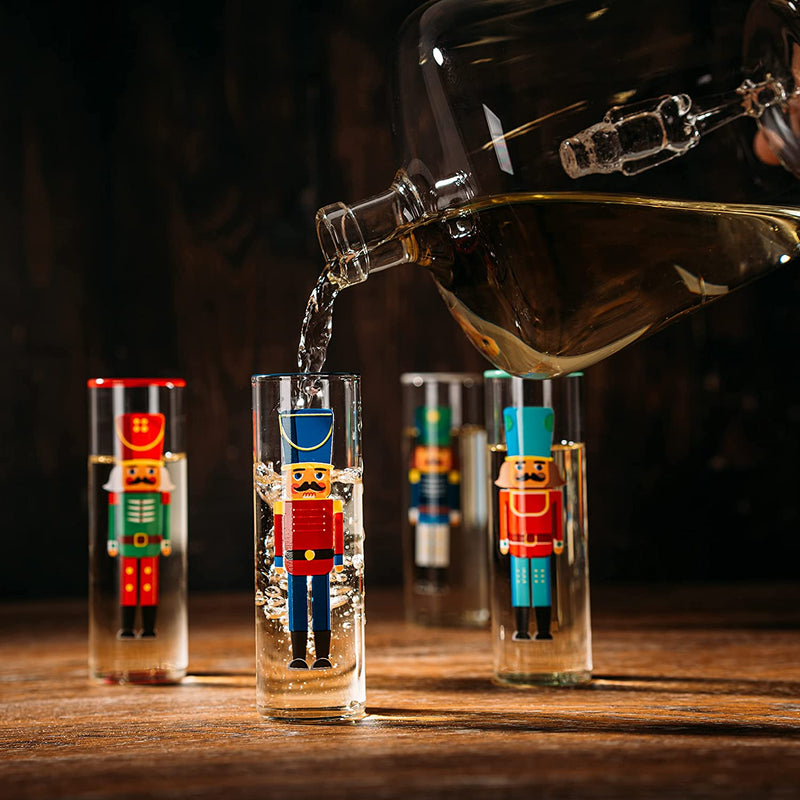 Nutcracker Decanter & Glasses, Set of 5 - Glassware Nutcrackers Theme & Shot Glass, Wine & Spirits - 40oz Bottle & 2oz - Holiday Spirit & Cheer Decor, Festive Themed Winter, Xmas Decorations