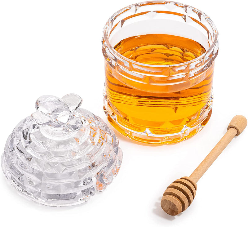 Crystal Bee Honey Dish Jar, Gift 6" - Glass Honey Pot with Dipper and Lid Cover for Home Kitchen Honey and Syrup, Gorgeous Bee Decor Beehive Honey Pot, Great for Jam, Honey, Jelly 14oz