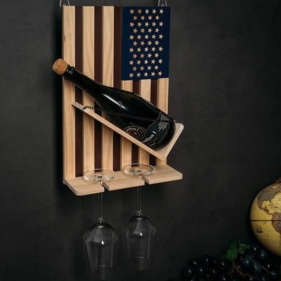 The Wine Savant American Flag Wall Mounted Wine Rack, Beautiful Wine & Bottle Holder & 2 Glasses Patriotic Home Decor - Storage Display Holder - Patriots, Veterans, Military 16" H - Gift Idea Gifts