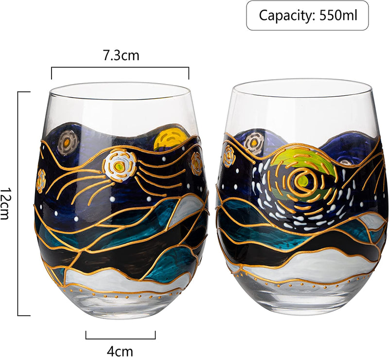 Vincent Van Gogh Wine Glasses Artisanal Hand Painted Stemless Set of 2 - The Wine Savant - 2 Set of Tumblers - Artistic Gift Idea for Her, Him, Birthday, Housewarming - Extra Large Goblets (18.5 OZ)