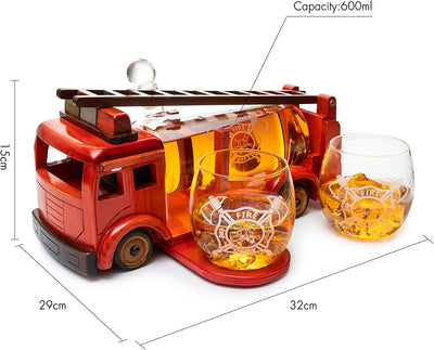 Firetruck Whiskey Decanter with Two 12 oz Glasses Gift Firefighter Gifts, Fireman, Firetruck Figurine, Police Gifts, Fire Department Gifts, Gifts for Firefighters! 600ml 13" L 6" H Gifts for Dad