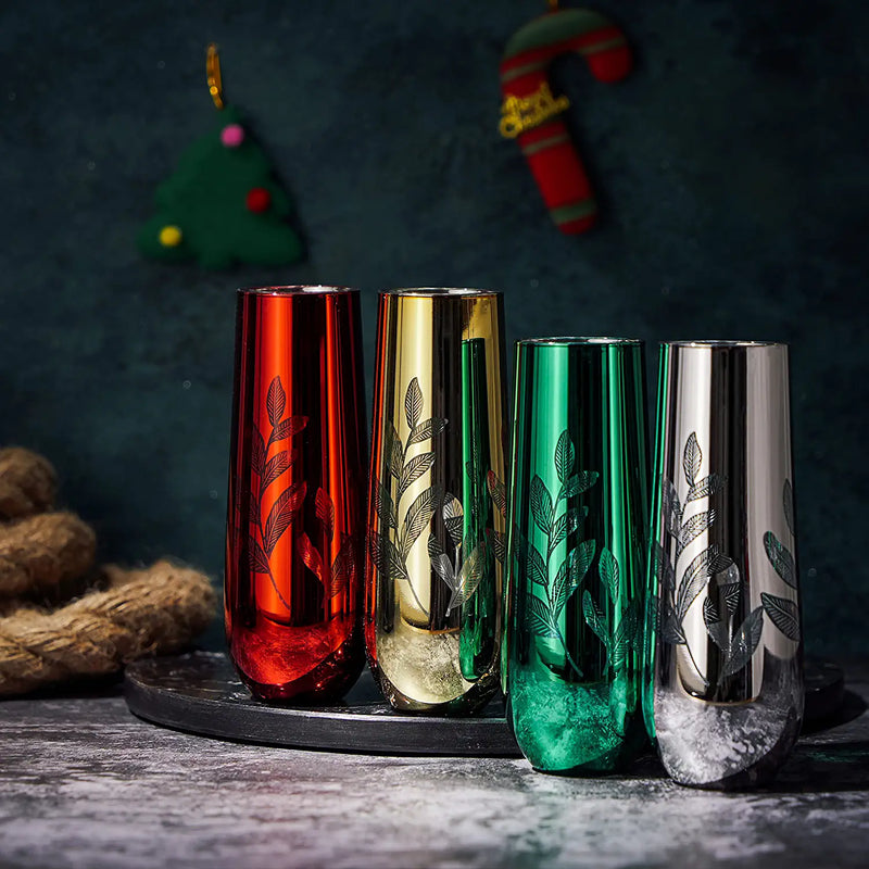 Multicolor 4-Piece Tree Stemless Wine & Water Glasses - Shining Red Green  Yellow Silver, Perfect Housewarming Parties, Unique, Elegant Glassware