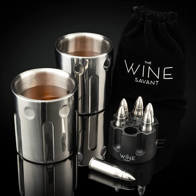 2 Metal Ice Cups & Bullet Chillers by The Wine Savant - Whiskey Stones Bullets Stainless Steel with Revolver Case, 1.75in Bullet Chillers Set of 6, Whiskey Gift Sets, Military Gifts, Veteran Gifts
