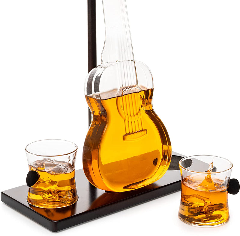 Guitar Whiskey & Wine Decanter & Mahogany Base - The Wine Savant 1000 ML Glass Decanter with 2 10oz Glasses 14" For Whiskey Music Lover & Guitar Player Gifts Musician Music Lovers