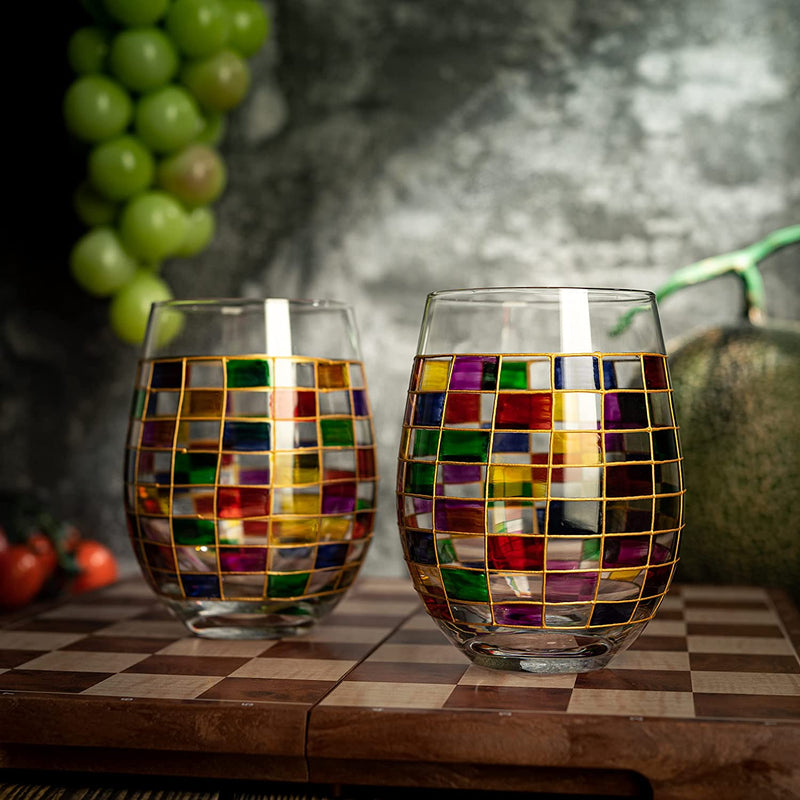 Renaissance Stained Wine Glasses Set of 2 by The Wine Savant - Festive Colorful Coffee Cups, Stained Window, Multicolored, Home Bar Gift, Colored Drinkware, Rainbow Glassware (Stemless)