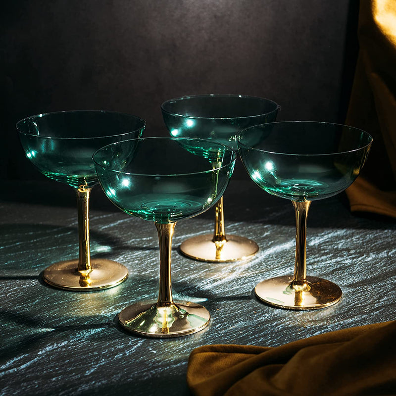 Colored Coupe Art Deco Glasses, Gold | Set of 4 | 8 oz Classic Cocktail  Glassware for Champagne, Martini, Manhattan, Sidecar, Crystal Speakeasy  Style