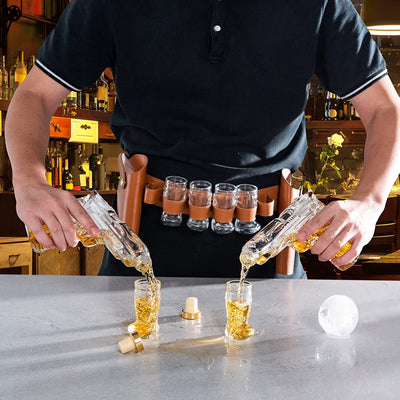 Pistol & Shotglasses Decanter Party Serving Holster Set - Whiskey Gun Decanter & Shot Glass - Pourers & Stopper - 2x 7.7oz Decanters - 6x 2oz Cowboy Boot Shots - Unique Gifts