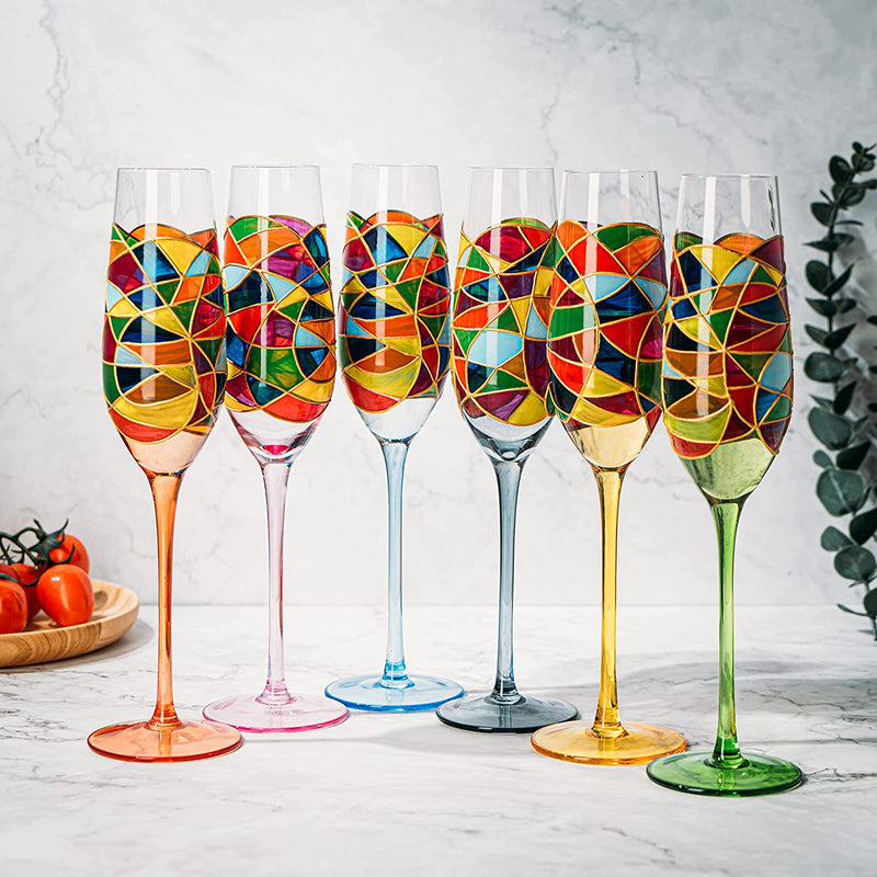 Stained Glass Champagne Flutes Set of 6 Hand Painted - Wine Savant - Hand Blown 7 Ounce Colorful Renaissance Champagne Glasses - 10.2" Tall, 2.7" Diameter Rainbow Multicolor Design Glassware
