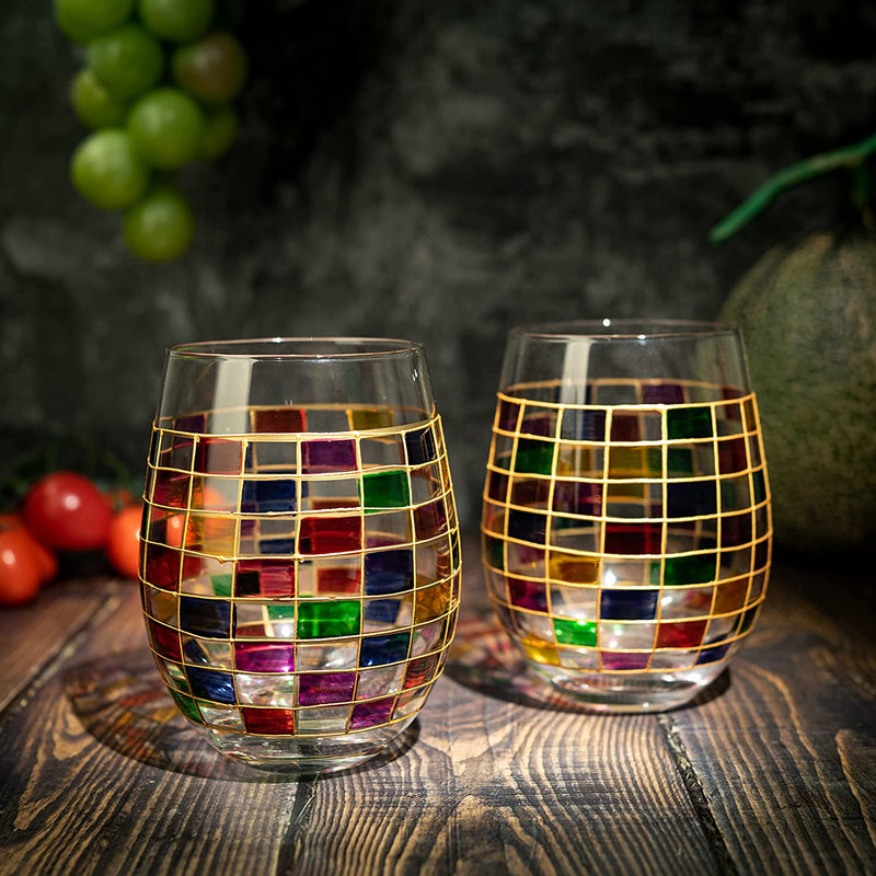 Renaissance Stained Wine Glasses Set of 2 by The Wine Savant - Festive Colorful Coffee Cups, Stained Window, Multicolored, Home Bar Gift, Colored Drinkware, Rainbow Glassware (Stemless)