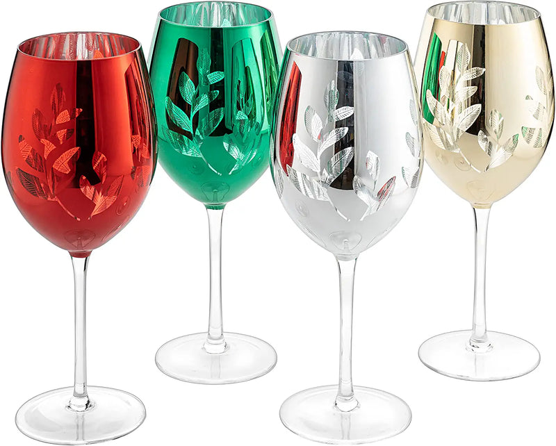 Multicolor 4-Piece Tree Stemless Wine & Water Glasses - Shining Red Green Yellow Silver, Perfect Housewarming Parties, Unique, Elegant Glassware, Glass Trees Decor, Kitchen Home Decorations (Stemmed)