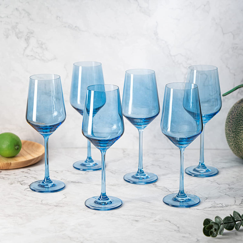 Colored Wine Glass Set, 12oz Glasses Set of 6 Baby Shower Gender Reveal Boy or Girl Decor Baby Announcement Unique Italian Style Tall Stemmed for White & Red Wine Elegant Glassware (Cobalt Blue)