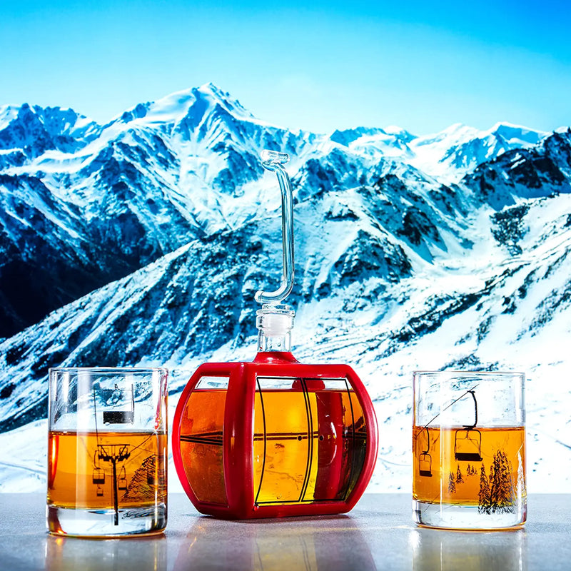 Ski Mountain Gondola Decanter & Glasses for Wine & Whiskey - 34oz - Two 10oz Snow Mountains Chairlift Glassware - Ski Home Decor - Skiier & Snowboarder Gifts, Vintage, Winter Skiers Decorations Gift