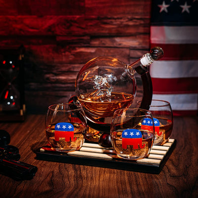 Republican Party Wine & Whiskey Decanter Set, Proud Republicans Vote Red Election Decor, Washington DC Politics Gift, 750ml US Flag & 4 Glasses - Elephant Logo, RNC Gifts, Senate, House & President