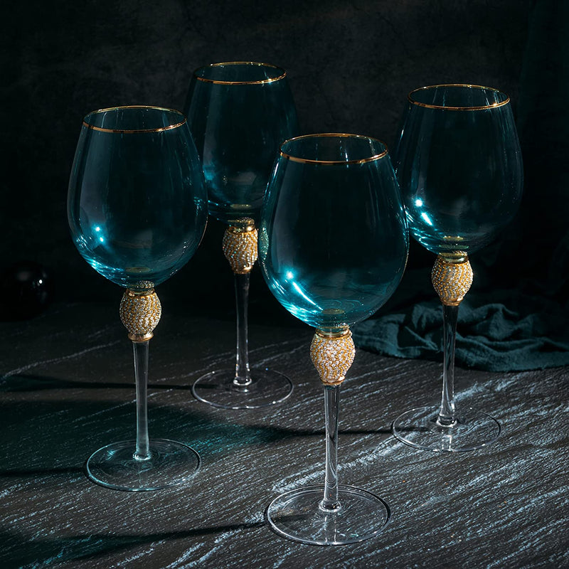 The Wine Savant Large Diamond Wine Glasses, 10 H Gold Rim Rhinestone
