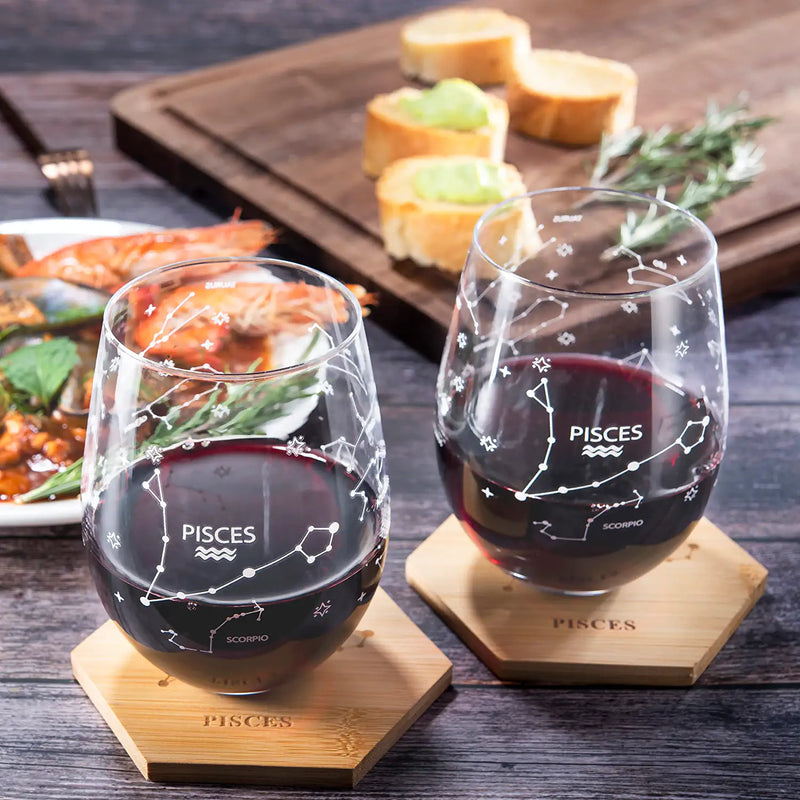 Set of 2 Zodiac Sign Wine Glasses with 2 Wooden Coasters by The Wine Savant - Astrology Drinking Glass Set with Etched Constellation Tumblers for Juice, Water Home Bar Horoscope Gifts 18oz (Pisces)