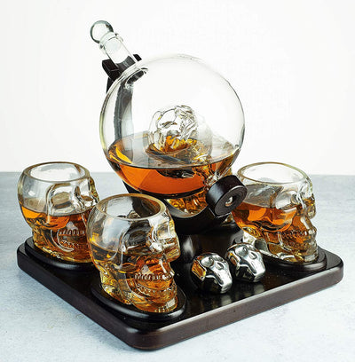 Skull Skeleton Wine & Whiskey Globe Decanter Set 850 mL With 4 Skull Head 3oz Skeletons Shot Glasses And Skull Chillers Wooden Base Decor Glass Goth Spooky Drinking Glassware The Wine Savant