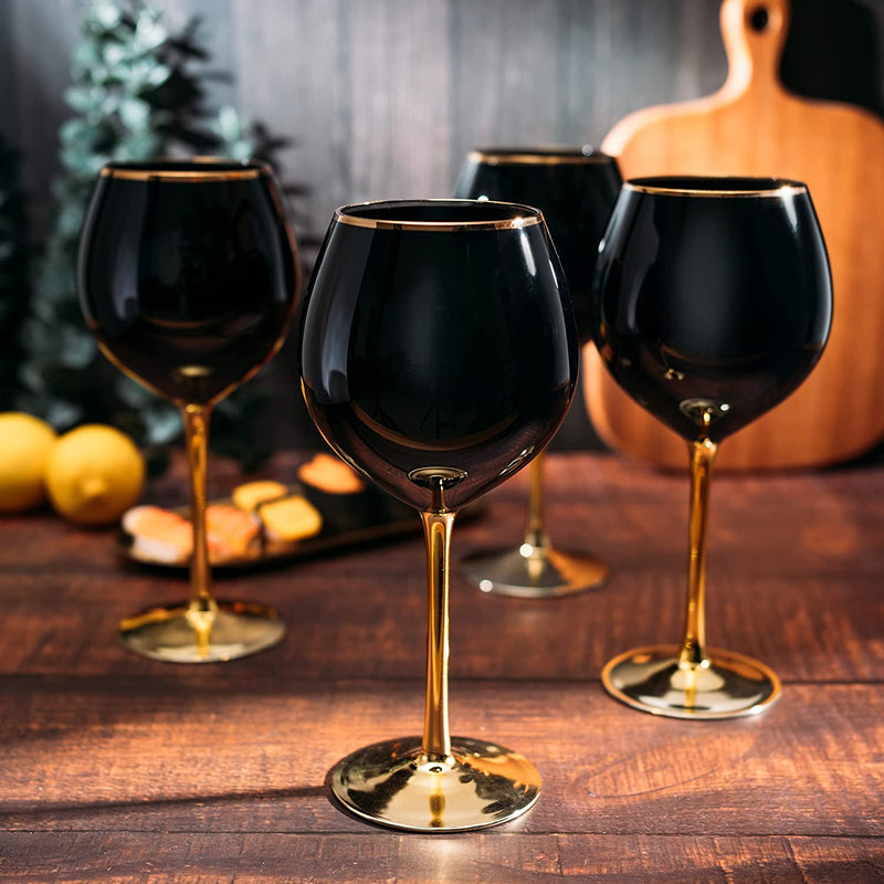 The Wine Savant Set of 4 Black Wine Glasses Gold Stemmed 14 oz Gold Rim Wine Glasses, Black Colored Wine Glasses Luxury Wine Glassware Wine Tasting, Wedding Gift, Anniversary, Birthday
