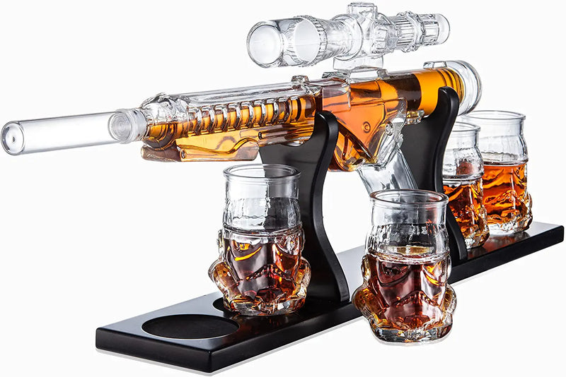 Blaster Force Gun Whiskey & Wine Decanter Set Glasses - Energized Particle Weaponry Elegant Decanter 24" - 4 Shot Glasses & Mahogany Wooden Base The Wine Savant (20 OZ) Gifts for Dad