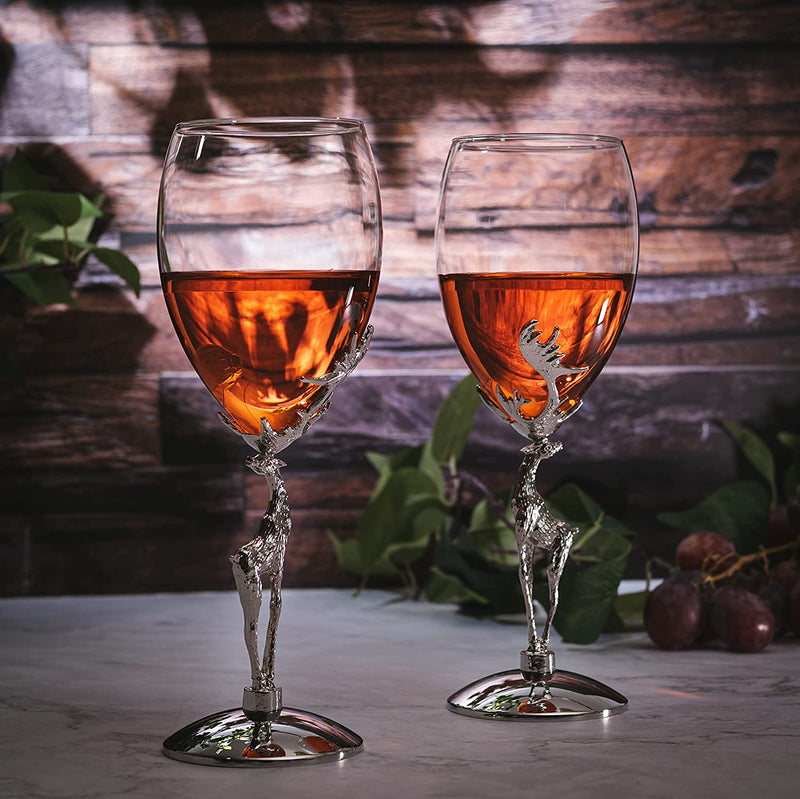 Stag Antler Set of 2 Wine Glasses 9H by The Wine Savant, Elegant Wine