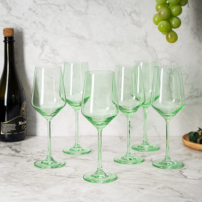 Green Colored Wine Glass Set, 12oz Glasses Set of 6 - Wedding Mint Green, Gift, Baby Shower Gender Reveal Decor Baby Unique Italian Style Tall Stemmed for White & Red Wine Elegant Glassware Color