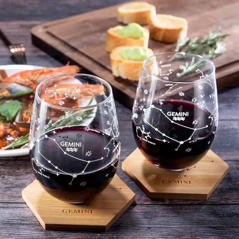 Set of 2 Zodiac Sign Wine Glasses with 2 Wooden Coasters by The Wine Savant - Astrology Drinking Glass Set with Etched Constellation Tumblers for Juice, Water Home Bar Horoscope Gifts 18oz (Gemini)