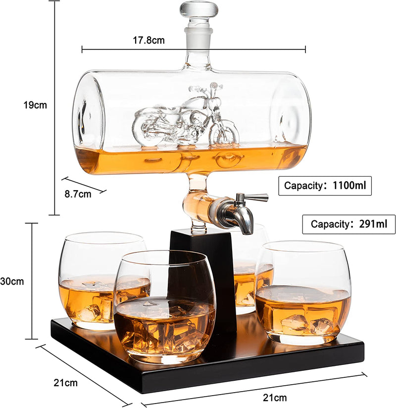 Motorcycle Decanter Whiskey & Wine Decanter Set 1100ml by The Wine Savant with 4 Whiskey Glasses, Motorcycle Gifts, Harley Davidson Motorbike Gifts, Drink Dispenser for Wine, Scotch, Bourbon 19"H 8"W