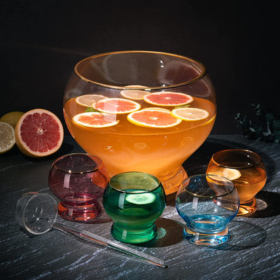 Colorful 1.7 Gallon Punch Bowl with 4 10oz Glasses Set with Ladle Gift For Mothers Day, Her, Wife, Mom, Friend - Colored Set Margarita, Cocktails, Juice, Punch Drink bowl for Parties, Weddings