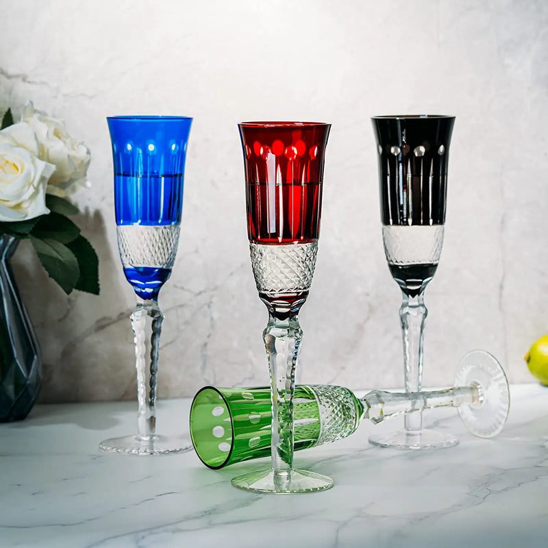 The Wine Savant Crystal Italian Multicolor Design Flutes - 4 Set - 5oz 9" H Cocktail & Champagne Glassware Bohemian Venetian Style Red, Blue, Green, Black Glasses, Dinners Parties, Bars & Weddings