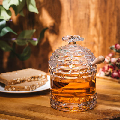 Crystal Bee Honey Dish Jar, Gift 6" - Glass Honey Pot with Dipper and Lid Cover for Home Kitchen Honey and Syrup, Gorgeous Bee Decor Beehive Honey Pot, Great for Jam, Honey, Jelly 14oz