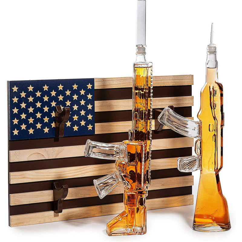 2 Gun Whiskey Decanters Set AR15 and AK47 Gun Decanter 1000ml American Flag Wall Rack by The Wine Savant - Veteran Gifts, Gun Lover Gifts, Tik Tok Gun Decanter, Military Gifts