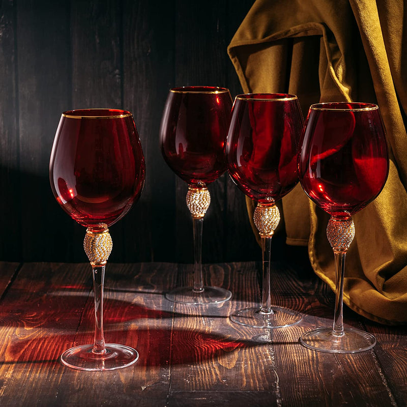 The Wine Savant Large Diamond Wine Glasses, 10" H Gold Rim Rhinestone Diamond Glasses - Wedding Glasses - 18 Ounce, Premium Designed Wine Glasses for Spirits and Wine, Gift Boxed (4, Red)