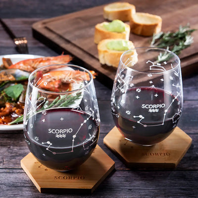 Set of 2 Zodiac Sign Wine Glasses with 2 Wooden Coasters by The Wine Savant - Astrology Drinking Glass Set with Etched Constellation Tumblers for Juice, Water Home Bar Horoscope Gifts 18oz (Scorpio)