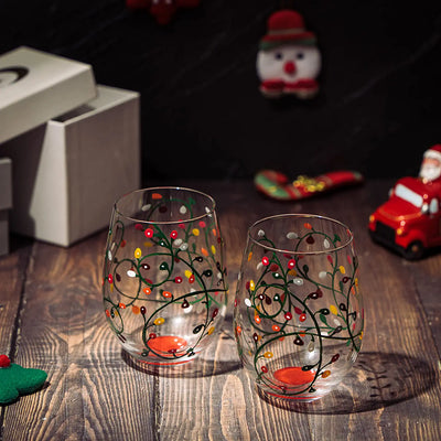 Themed Lights Stemless Wine & Water Glasses - Artisanal Hand Painted Ornament Light Bulbs Glasses - Xmas Tree - Set of 2, 17.5oz - Santa Festive Theme Stemless Glass
