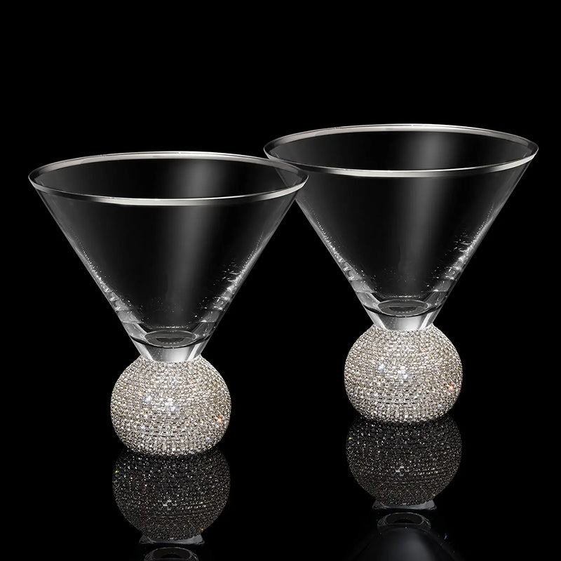 Diamond Studded Martini Glasses Set of 2 - The Wine Savant - Silver Rimmed Modern Cocktail Glass, Rhinestone Diamonds With Stemless Crystal Ball Base, Bar or Party 10.5oz, Swarovski Style Crystals
