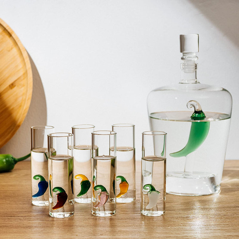 Tequila Decanter Set with Pepper Decanter and 6 Jalapeño Shot Glasses Set, Perfect for Holiday Gifts for Tequila Lovers, 25 Ounce Bottle, 3 Ounce Shot Glasses Cinco De Mayo, Reposado Gift (Pepper)