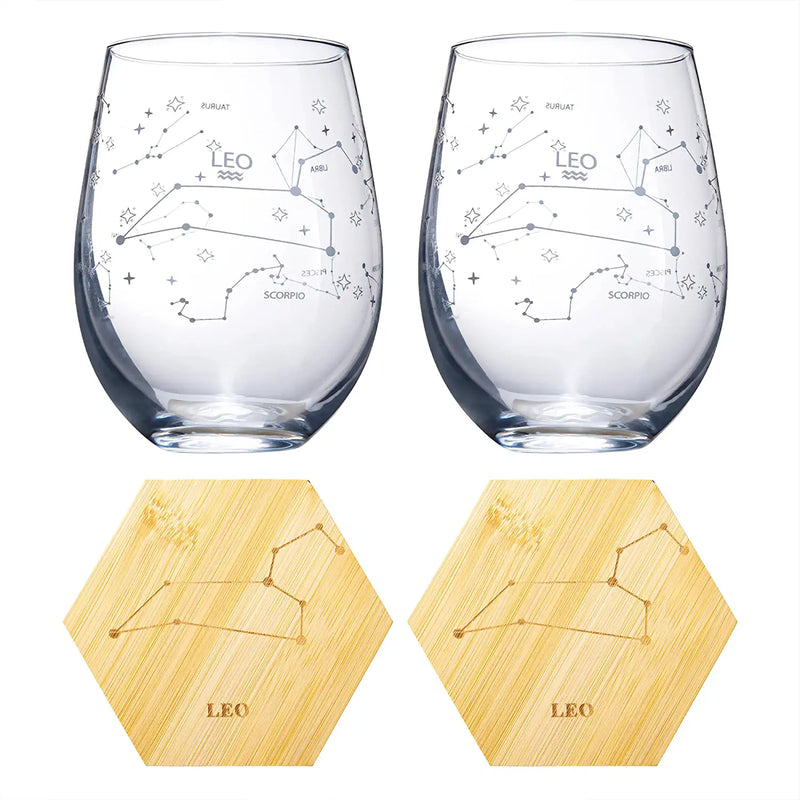 Set of 2 Zodiac Sign Wine Glasses with 2 Wooden Coasters by The Wine Savant - Astrology Drinking Glass Set with Etched Constellation Tumblers for Juice, Water Home Bar Horoscope Gifts 18oz (Leo)