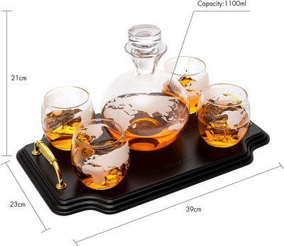 Etched World Map Globe Whiskey Decanter Set 750ml With 4 10oz Map Glasses 13" H x 13" L by The Wine Savant - Traveler Gifts, Home Bar, Whiskey Gifts, Cartography, Geography Gifts, Cosmopolitan Gifts