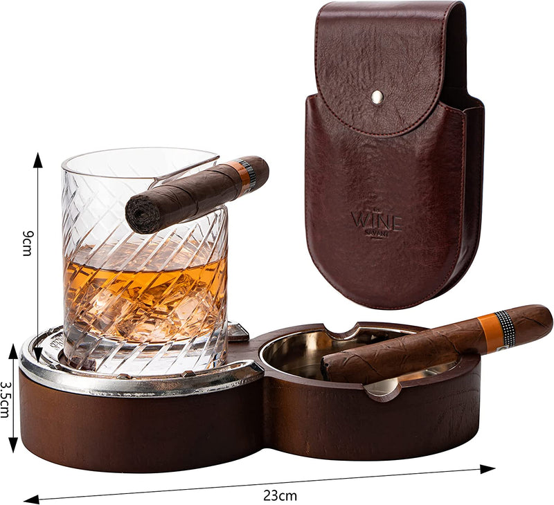 The Wine Savant Luxurious Cigar Glass - In A Leather Horseshoe Storage Case Whiskey Glassware with Cigar Holder - 10oz Cigar Holder Whiskey, Ash Tray - Dad, Men Home Office, Leather Gifts
